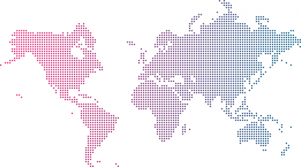A world map drawn as a grid of small dots, the Americas in pink shading through purple to Asia and Australia in blue, on a white background