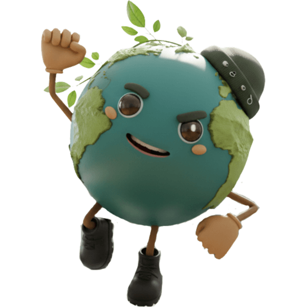 The Earth Prize mascot, a smiling cartoon planet wearing a cap and trainers, raising one fist.