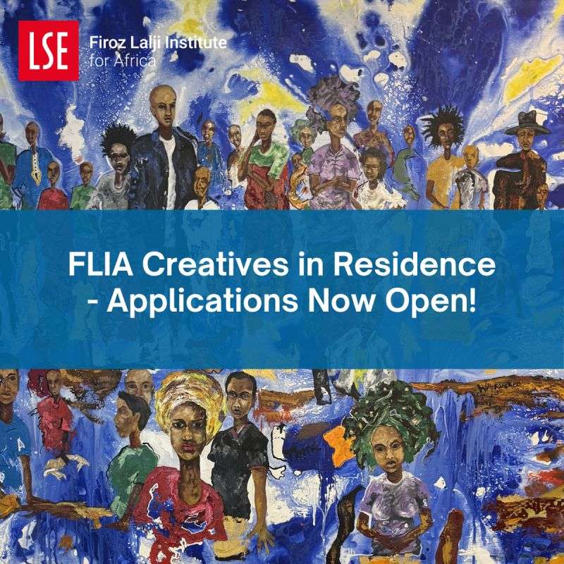 Painted group portrait announcing that applications are open for FLIA Creatives in Residence at the London School of Economics