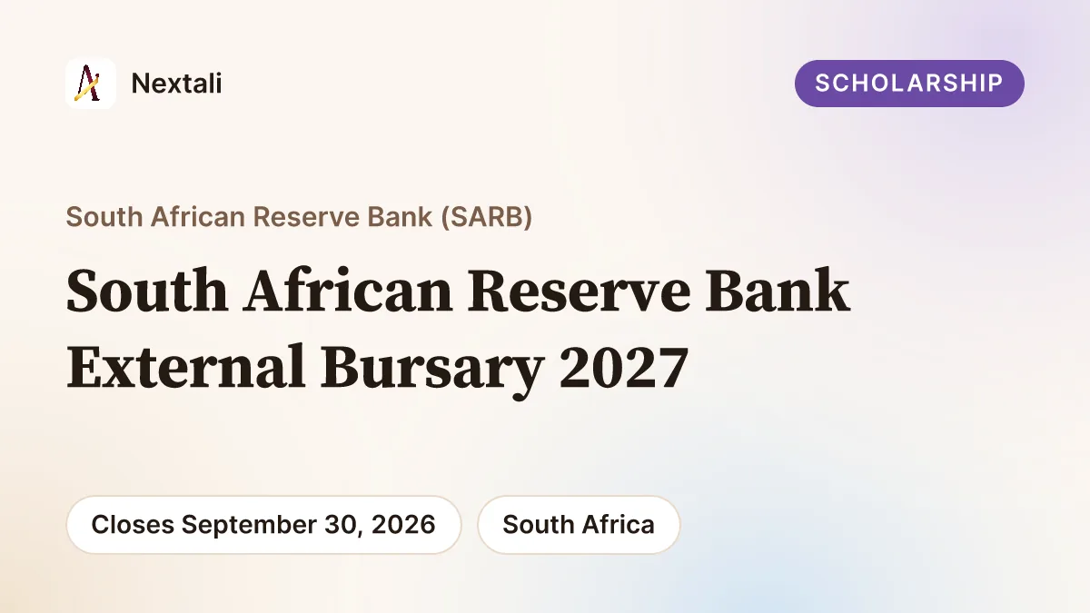 South African Reserve Bank External Bursary Scheme advertisement for economics students, showing coins, seedlings, a growth chart and the closing date of 30 September 2026.