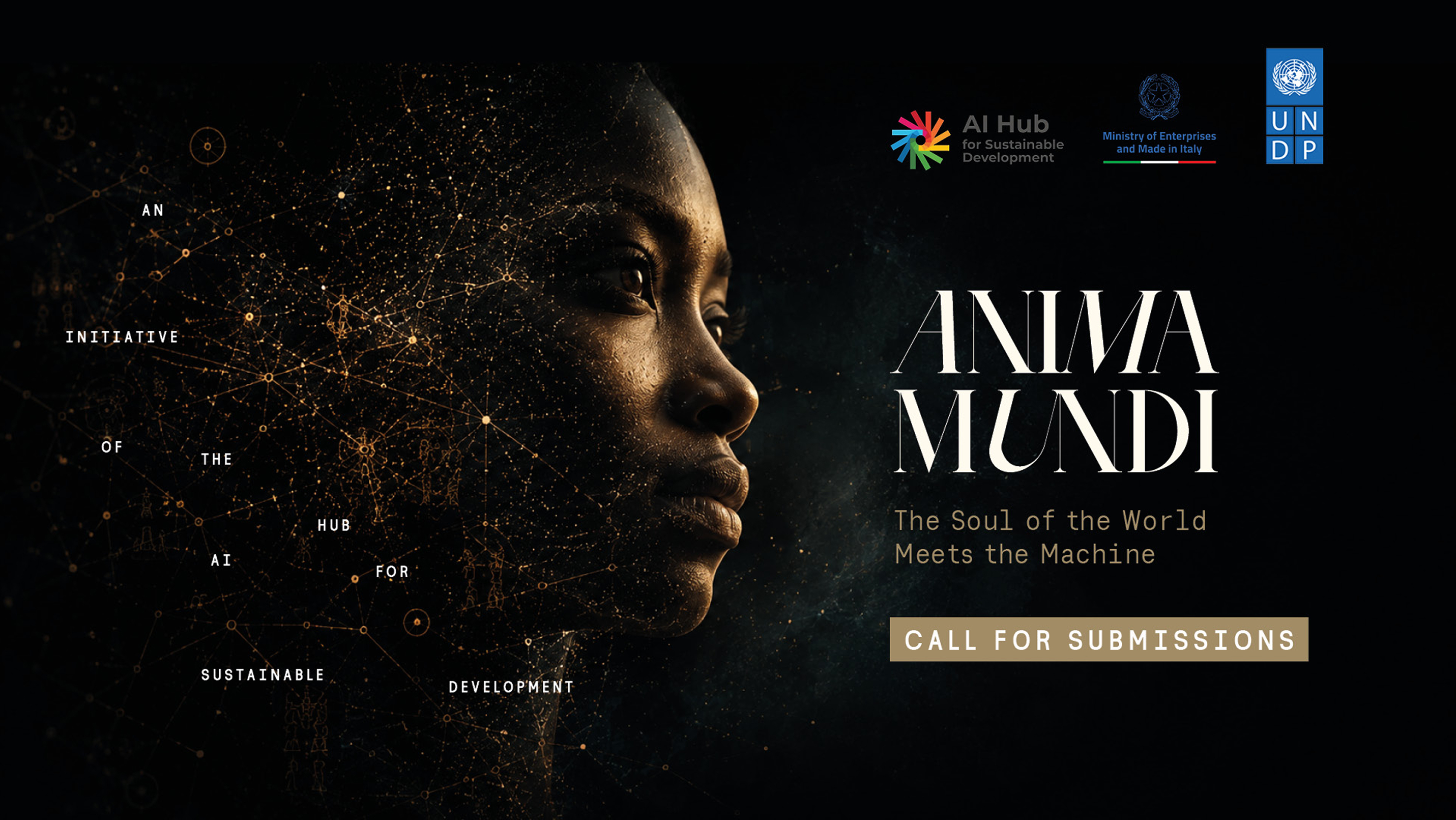 Anima Mundi call for submissions banner showing a profile portrait dissolving into a constellation network, with the AI Hub for Sustainable Development, Ministry of Enterprises and Made in Italy and UNDP marks