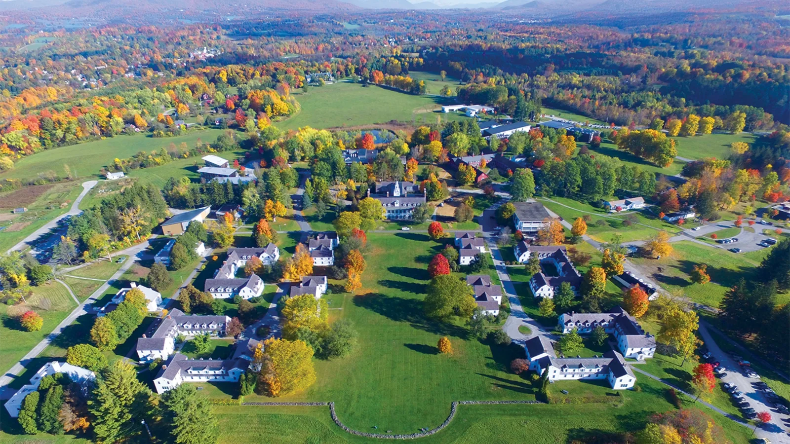 Aerial view of the Bennington College campus in autumn
