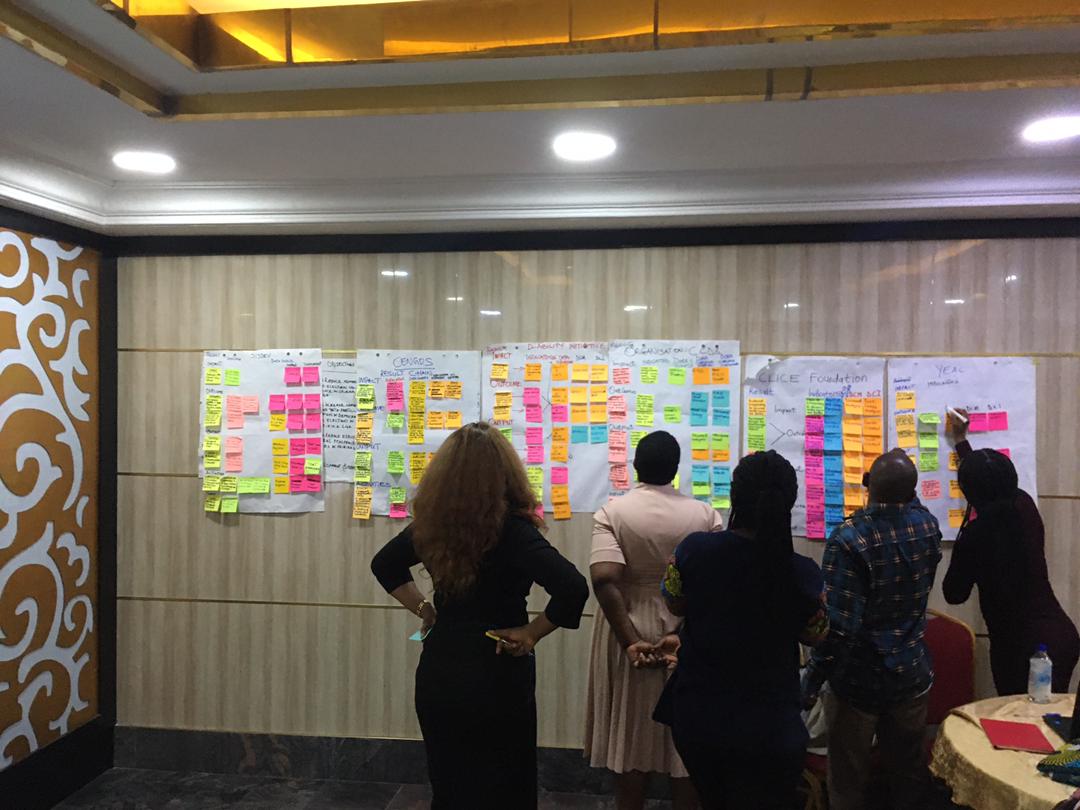 Cloneshouse Foundation team members working at an evaluation bootcamp session with flip charts and sticky notes