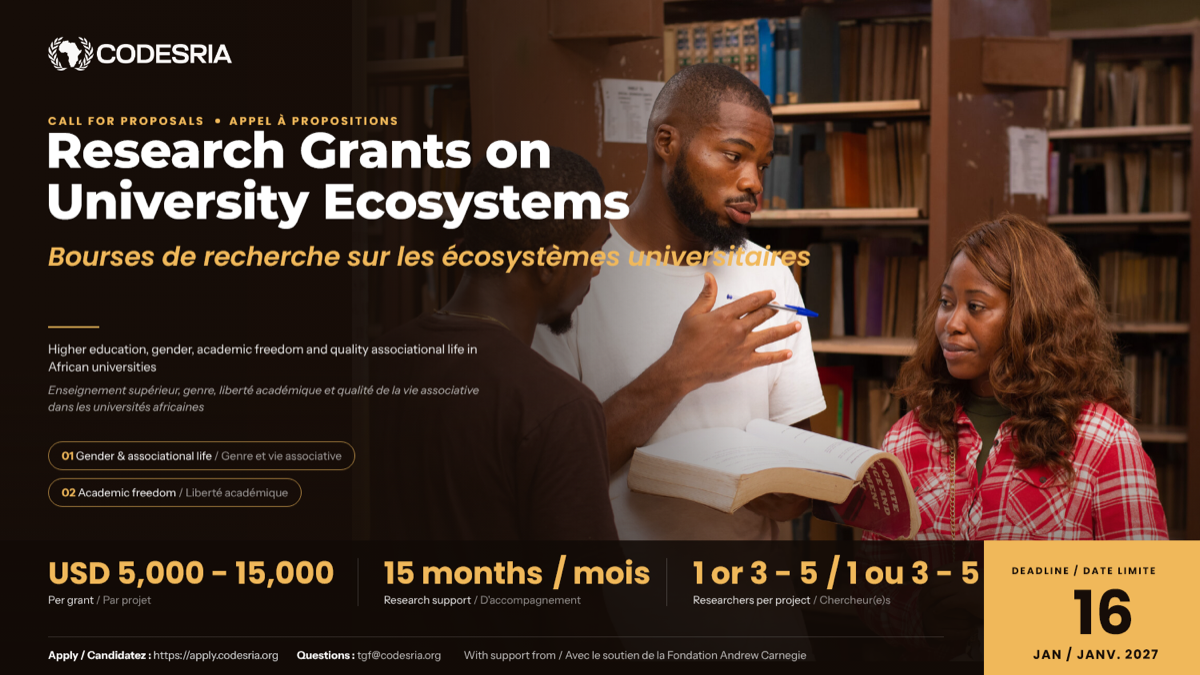 CODESRIA call for proposals poster for Research Grants on University Ecosystems, showing three researchers in a university library.