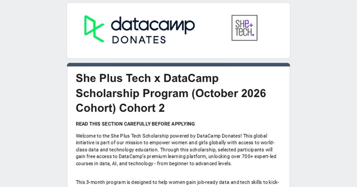 She Plus Tech and DataCamp Donates AI and Data Scholarships opportunity