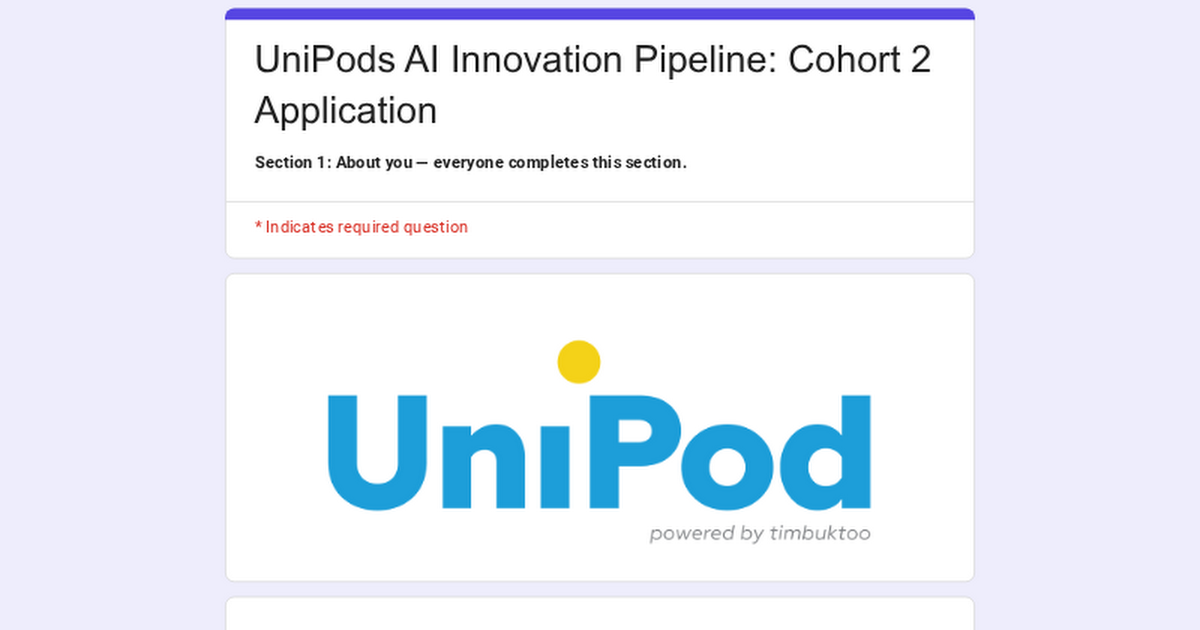 UniPods AI Innovation Pipeline Cohort 2 application banner powered by timbuktoo