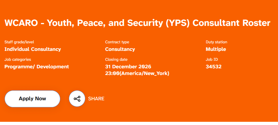UNFPA West and Central Africa Youth Peace and Security consultant roster 2026