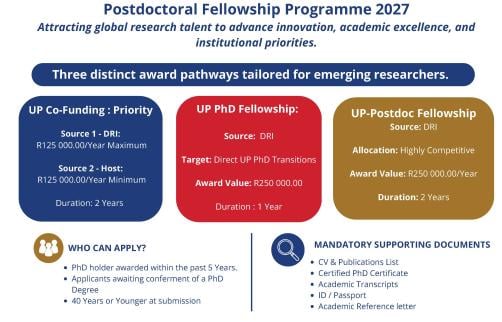 University of Pretoria 2027 Postdoctoral Fellowship Programme call poster showing the three award pathways, who may apply and the mandatory documents