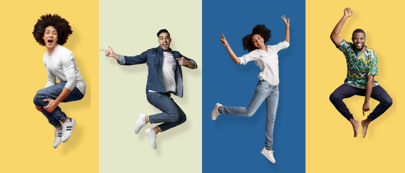 Four young people jumping joyfully against colorful panels, from the Youth Research Vox Global Grants page